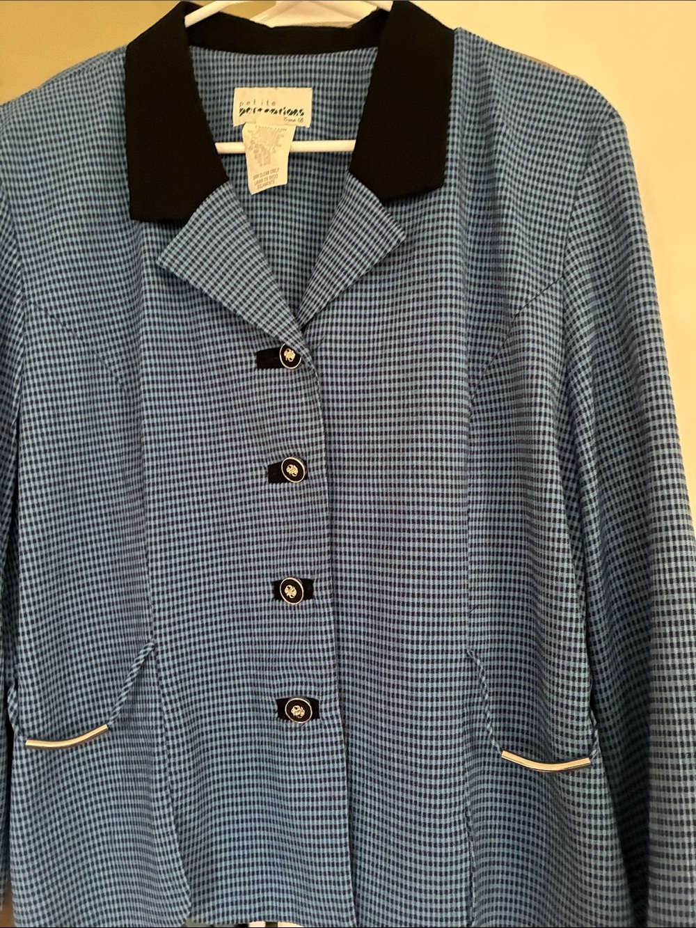 Perceptions Blue Houndstooth Blazer with Black Collar Size 16